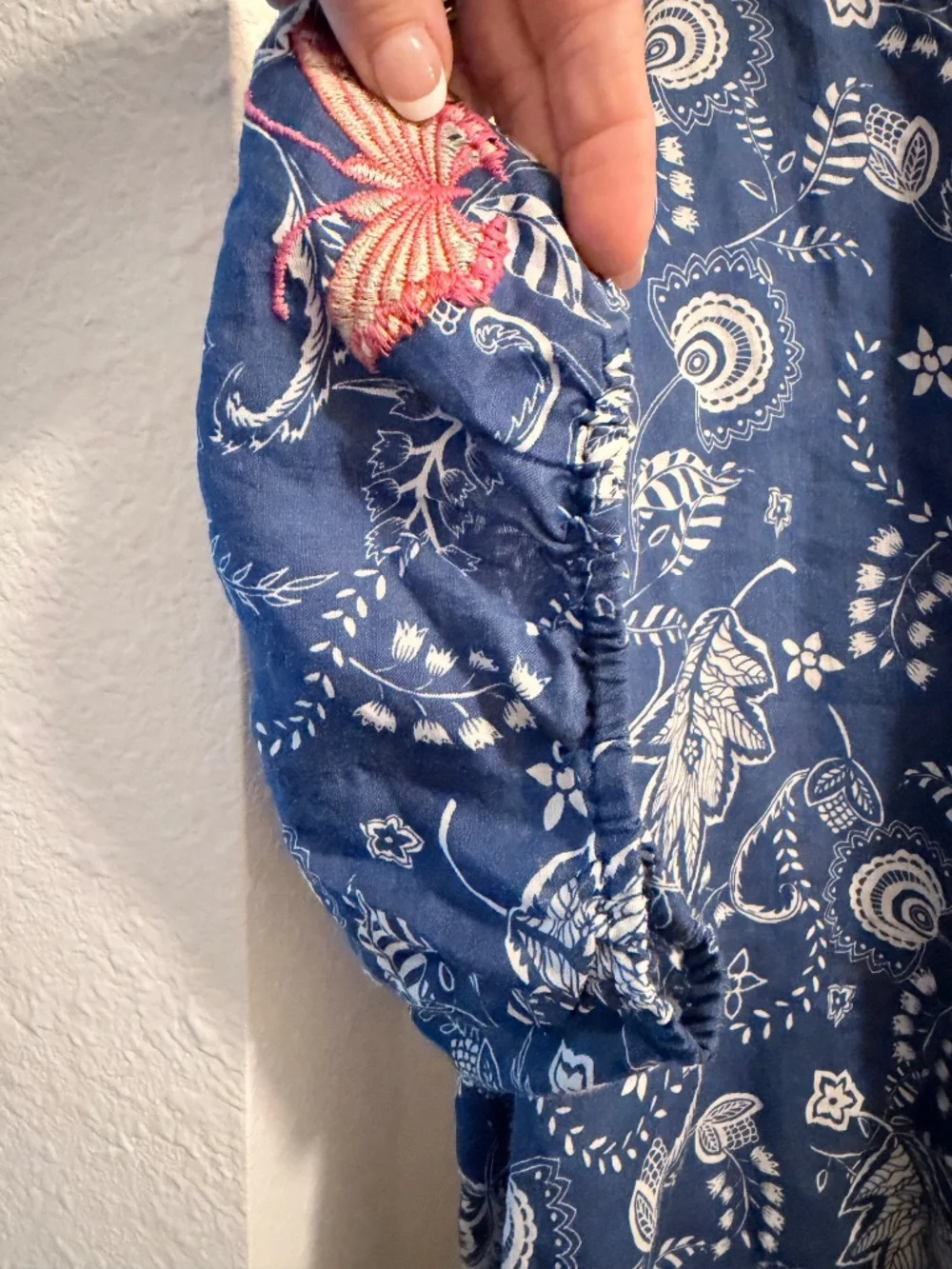 Johnny Was Workshop Embroidered Butterfly Puff Sleeve Blouse XXL Blue Ramie